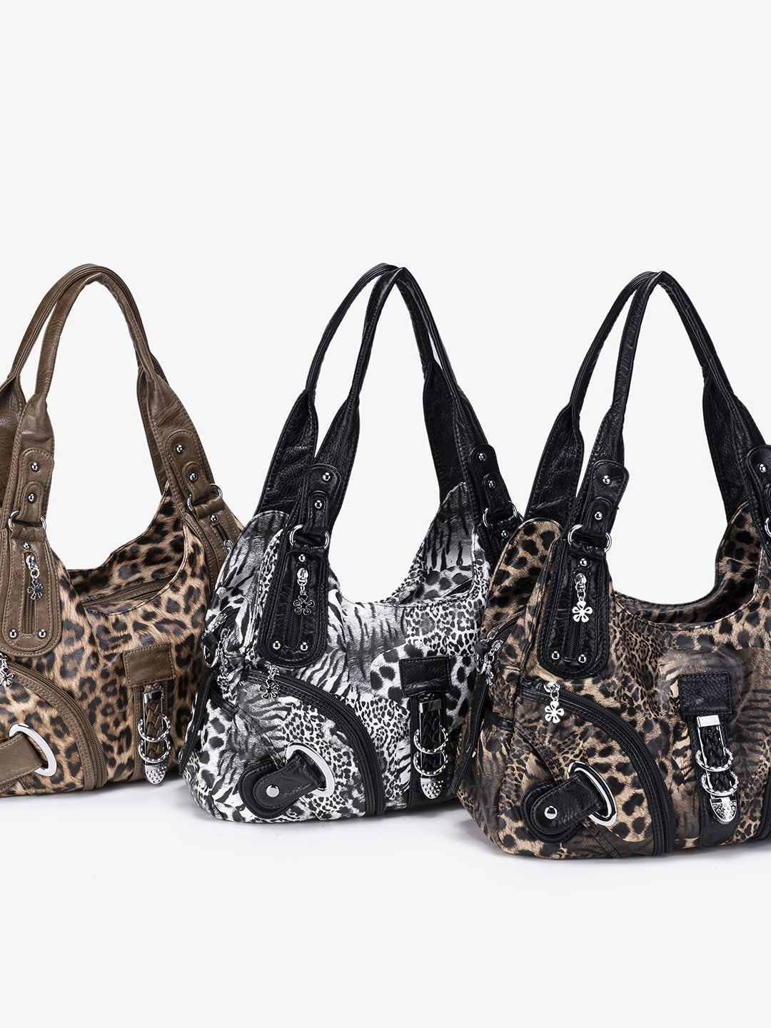 The bag in brown, black-and-white and black leopard prints together