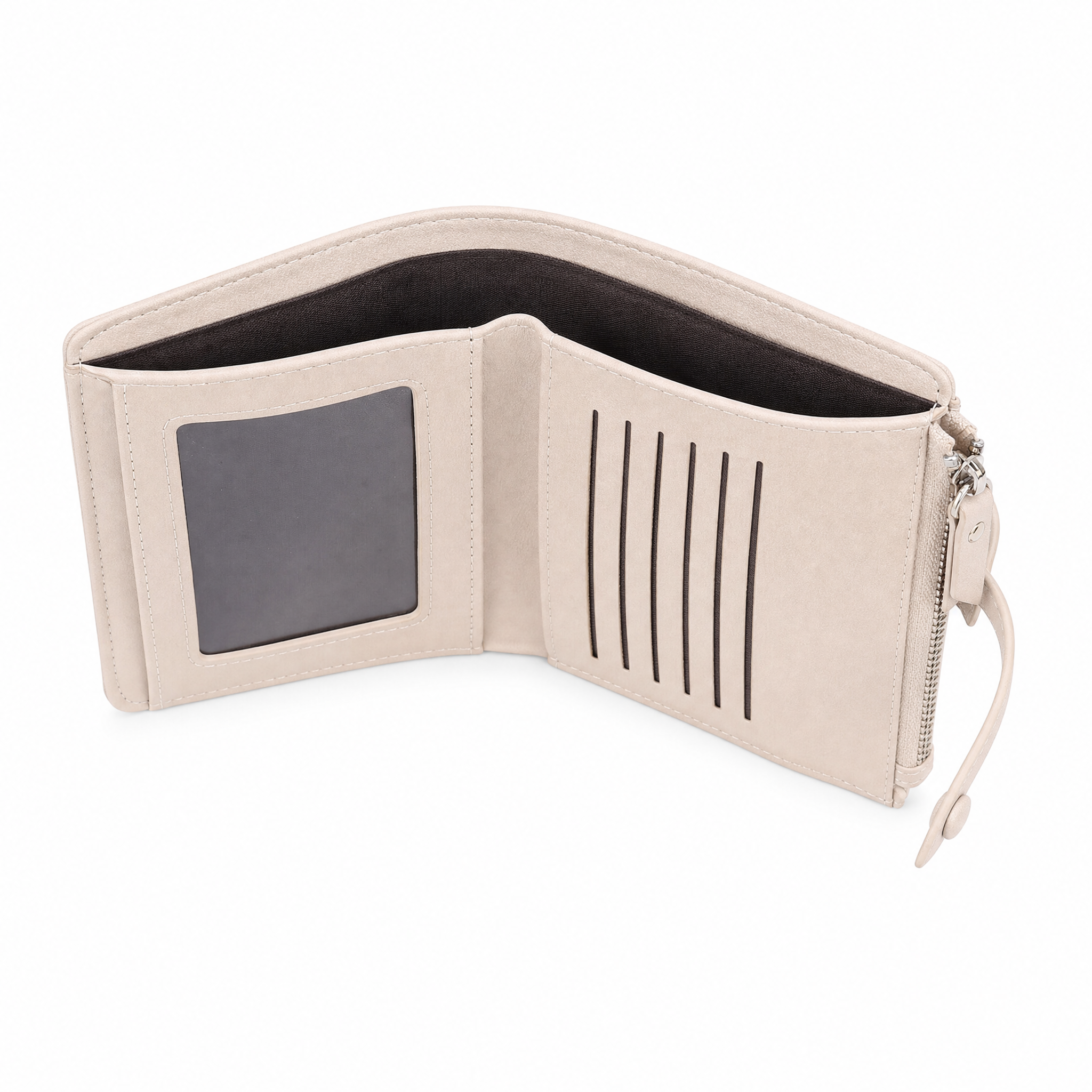 Beige — open, showing the ID window, card slots and zip pocket