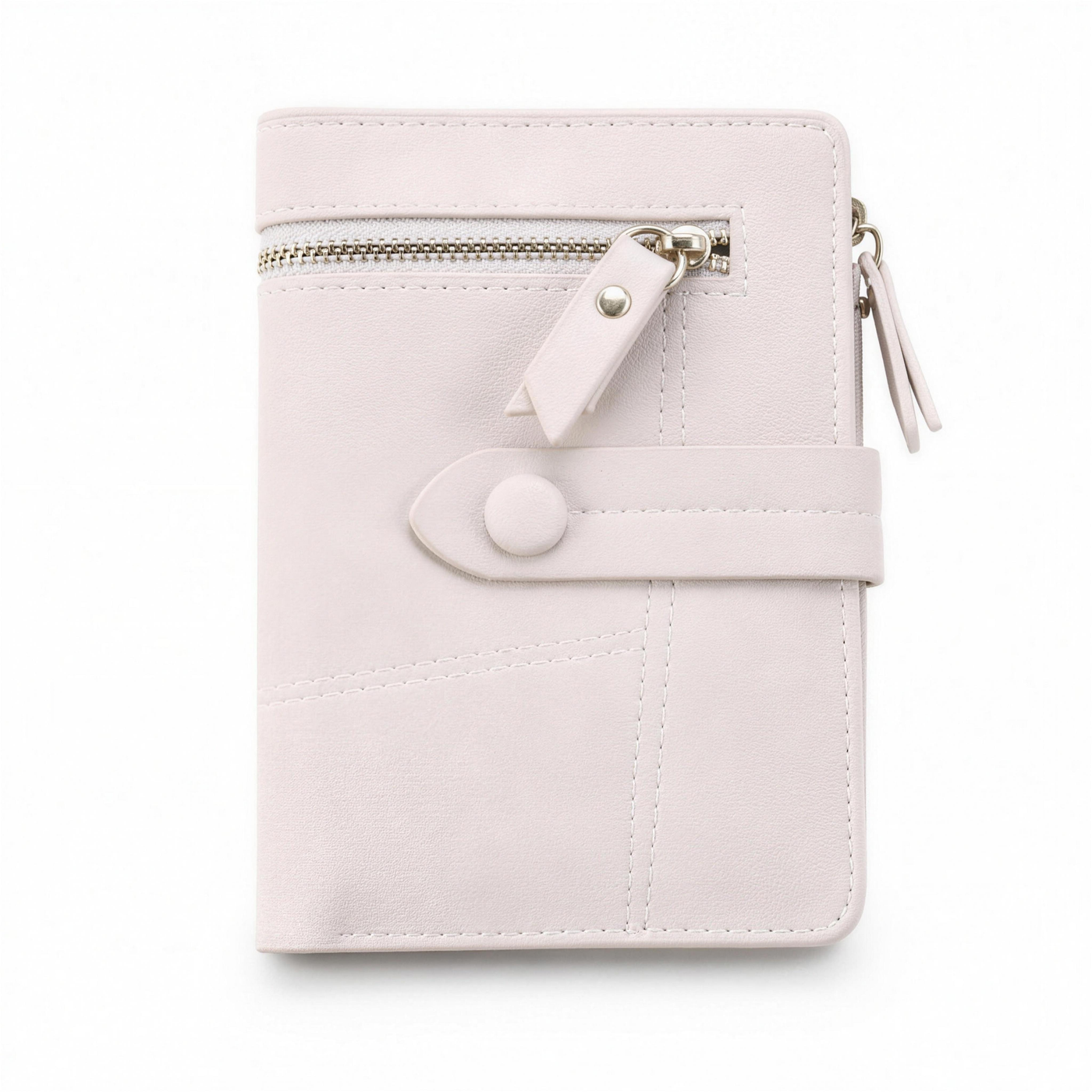 Beige vegan leather bifold wallet with snap strap and top zip coin pocket, front view