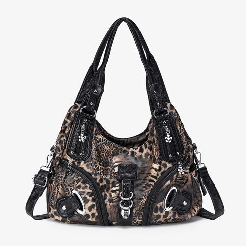 Leopard Print Slouchy Shoulder Bag with Buckle Straps