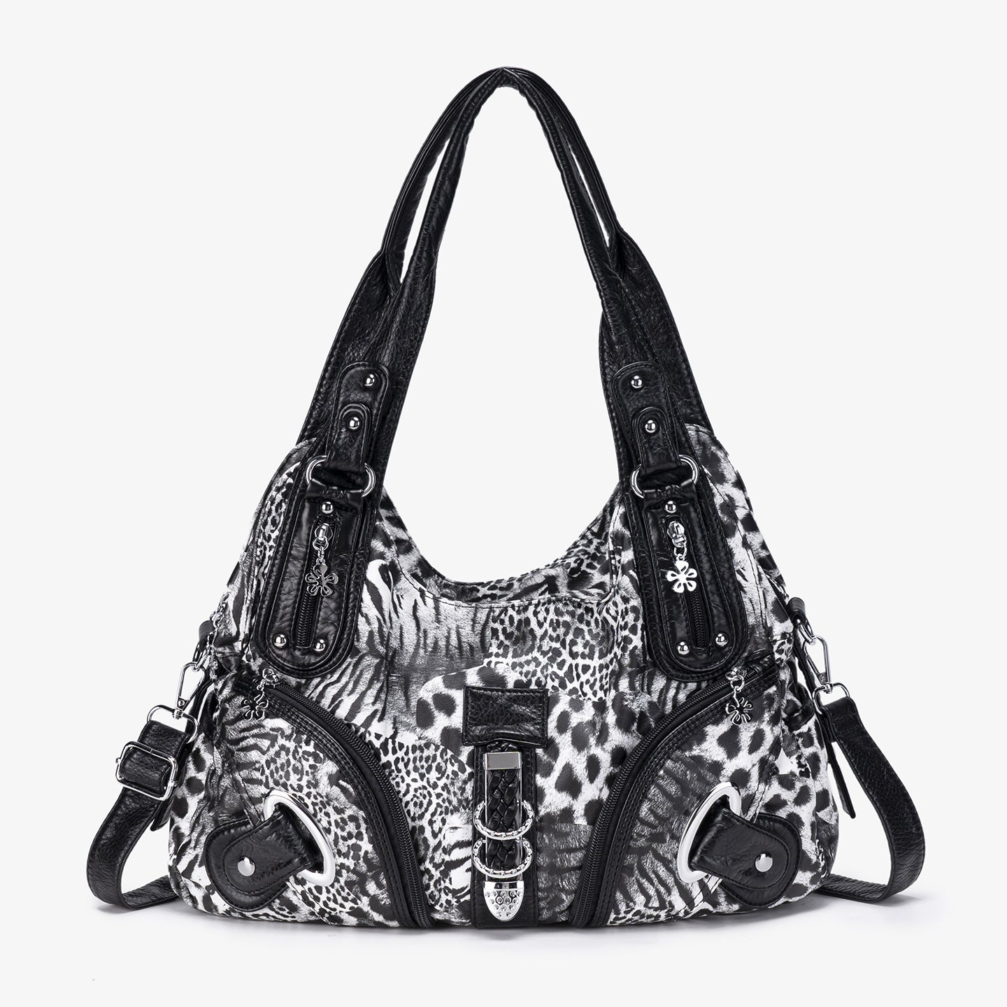 Black & White Leopard print shoulder bag with buckle straps, front view