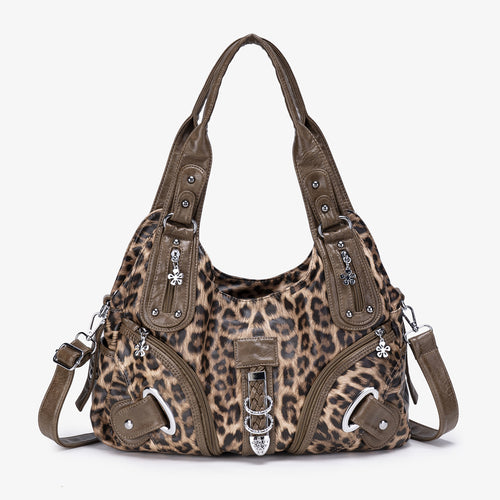 Leopard Print Slouchy Shoulder Bag with Buckle Straps