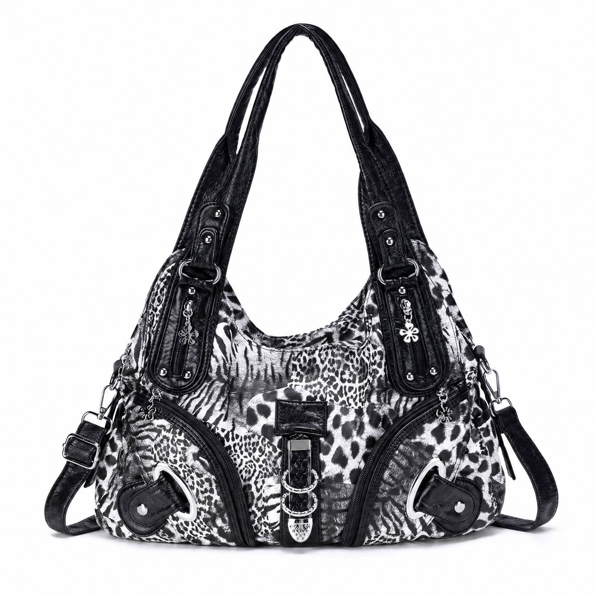 Black & White Leopard print shoulder bag with buckle straps, front view