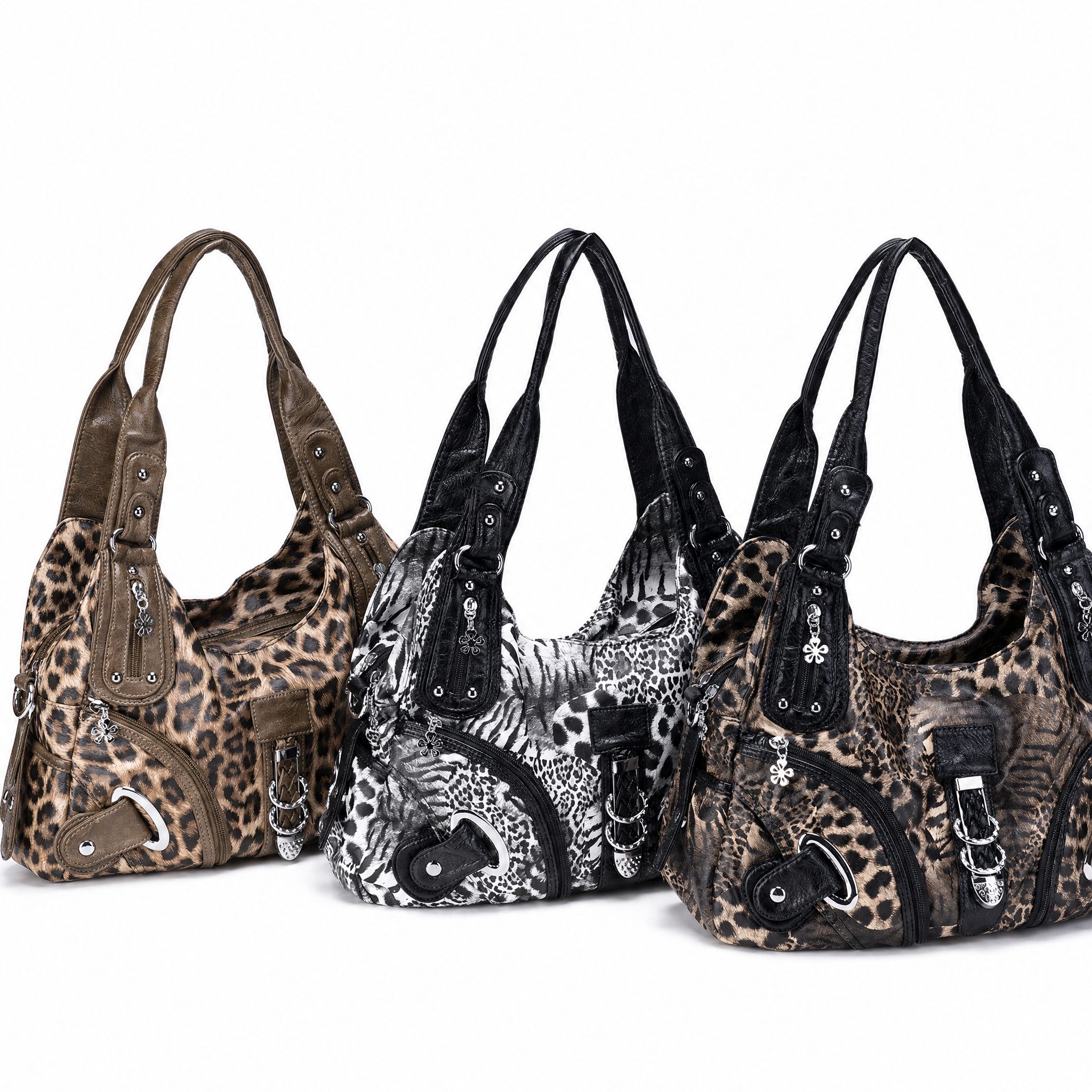 The bag in brown, black-and-white and black leopard prints together