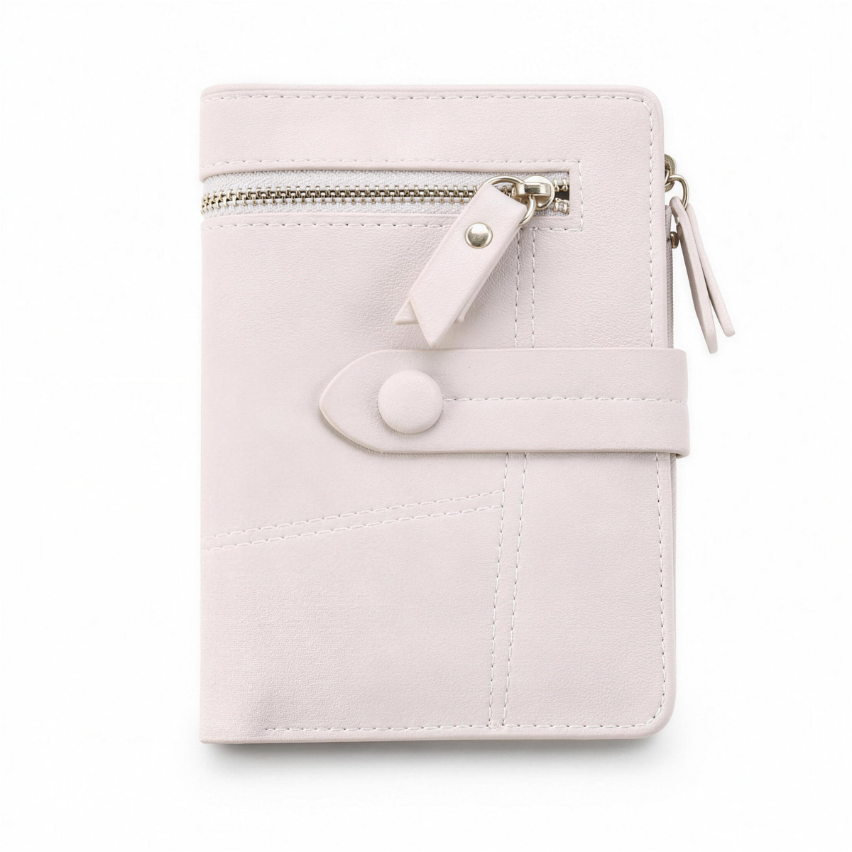 Beige vegan leather bifold wallet with snap strap and top zip coin pocket, front view